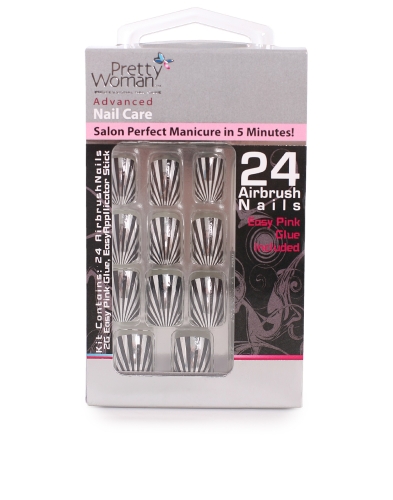 Pretty Woman 24 Airbrush Nails Silver/Svart Randig