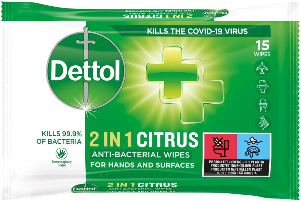 Dettol 2in1 Anti-Bacterial Wipes For Hand And Surfaces 15  pcs